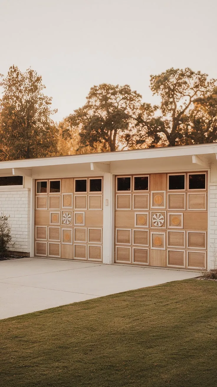 This mid-century modern gem boasts a unique architectural detail: its light wood garage doors, a playful arrangement of squares and circles, perfectly complementing the clean white lines of the house. A testament to thoughtful design, A blend of form and function, it's a home that effortlessly marries style and practicality.