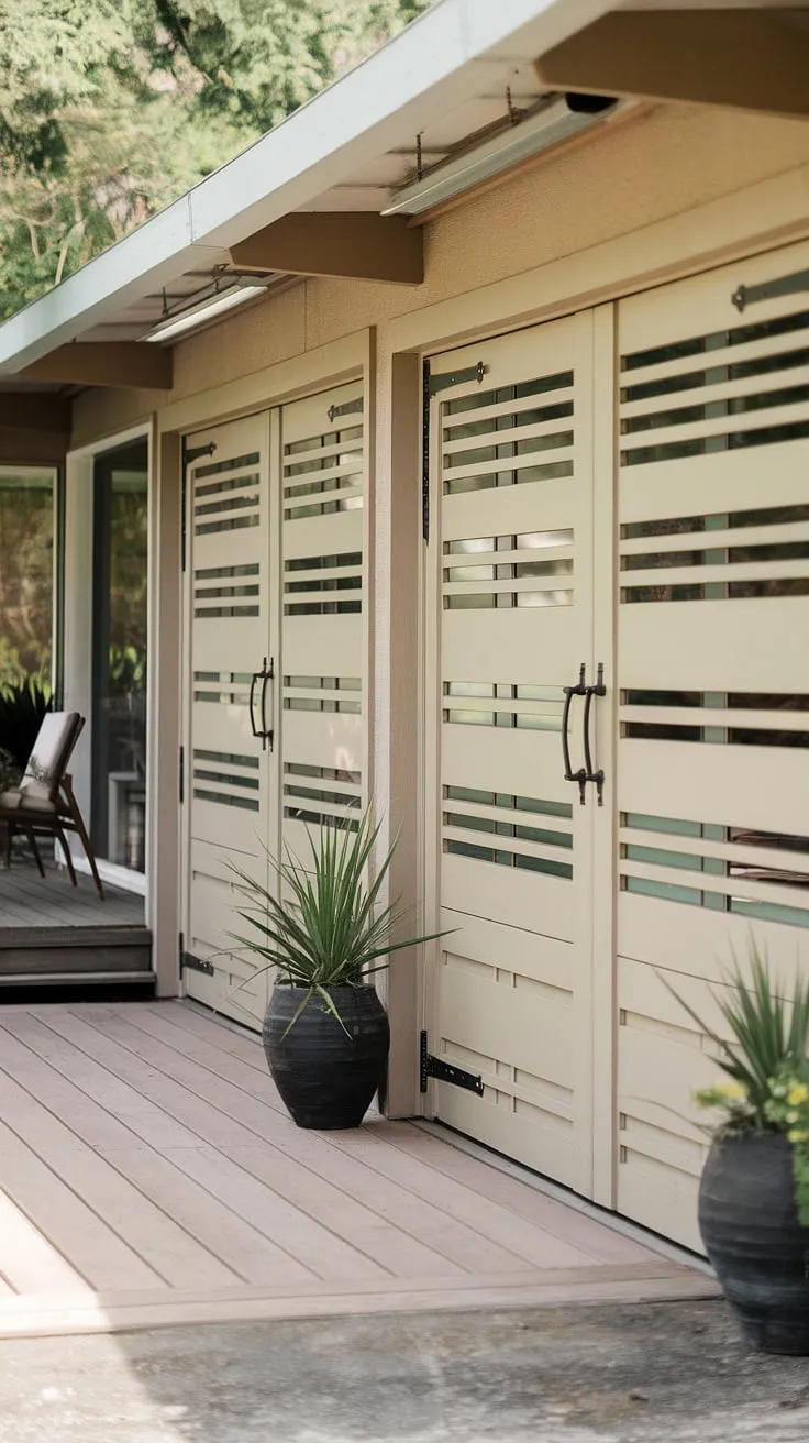 Mid-century modern meets minimalist charm. The subtle beige of the horizontally slatted garage doors, accented by black hardware and flourishing potted plants, perfectly complements the lush greenery and inviting wooden deck. A testament to timeless design and effortless elegance. A true architectural gem.