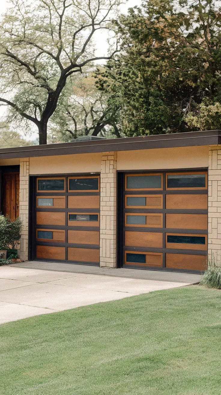 A stunning example of architectural harmony. The warm beige exterior of this home is beautifully balanced by the bold, rectangular pattern of the black wooden garage doors. A picture of serene suburban living, showcasing a perfect blend of form and function.