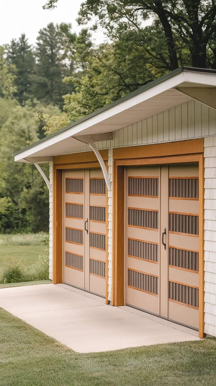 The clean lines and warm wood tones of this attached garage perfectly complement the white house. Its unique design, featuring horizontal wood slats on the garage doors, adds a touch of understated elegance to this idyllic setting. A testament to timeless design.