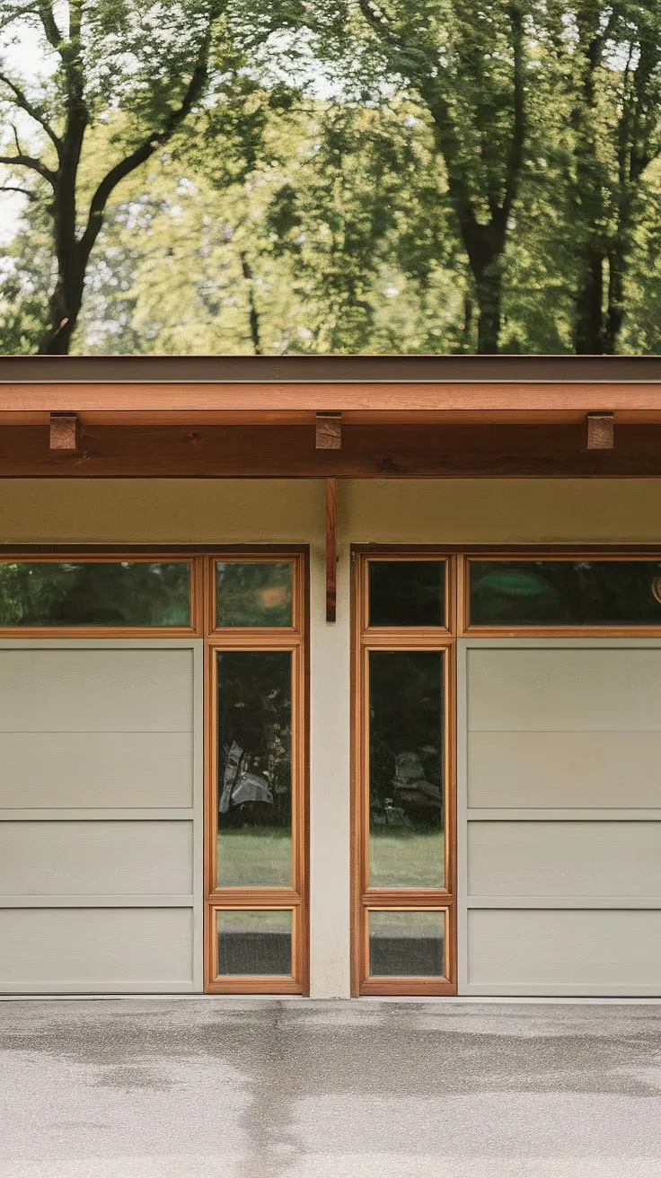 Mid-century modern meets tranquil garden. The architectural details of this garage, with its unique glass-paneled doors, perfectly complement the lush greenery beyond. A testament to timeless design and seamless indoor-outdoor living. A true sanctuary.