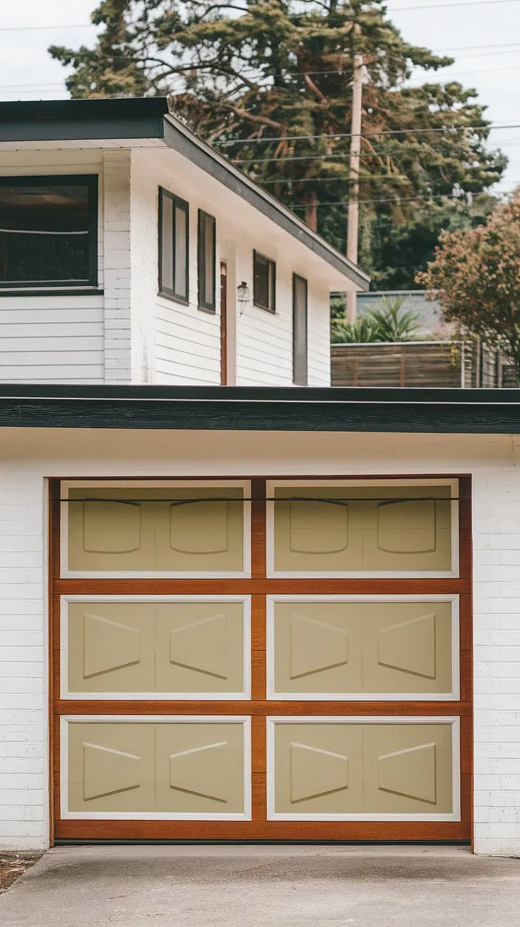 This mid-century modern garage, with its distinctive four-panel door and crisp white paint, is a testament to timeless design. The clean lines and simple elegance perfectly complement the architecture of the home, creating a cohesive and aesthetically pleasing whole. A true example of understated sophistication.