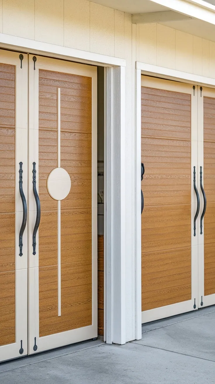 A glimpse inside reveals the orderliness that mirrors the home's exterior. These beautifully crafted, white wood garage doors, with their subtle detailing, are more than just access points; they're A statement piece reflecting the home's refined aesthetic.