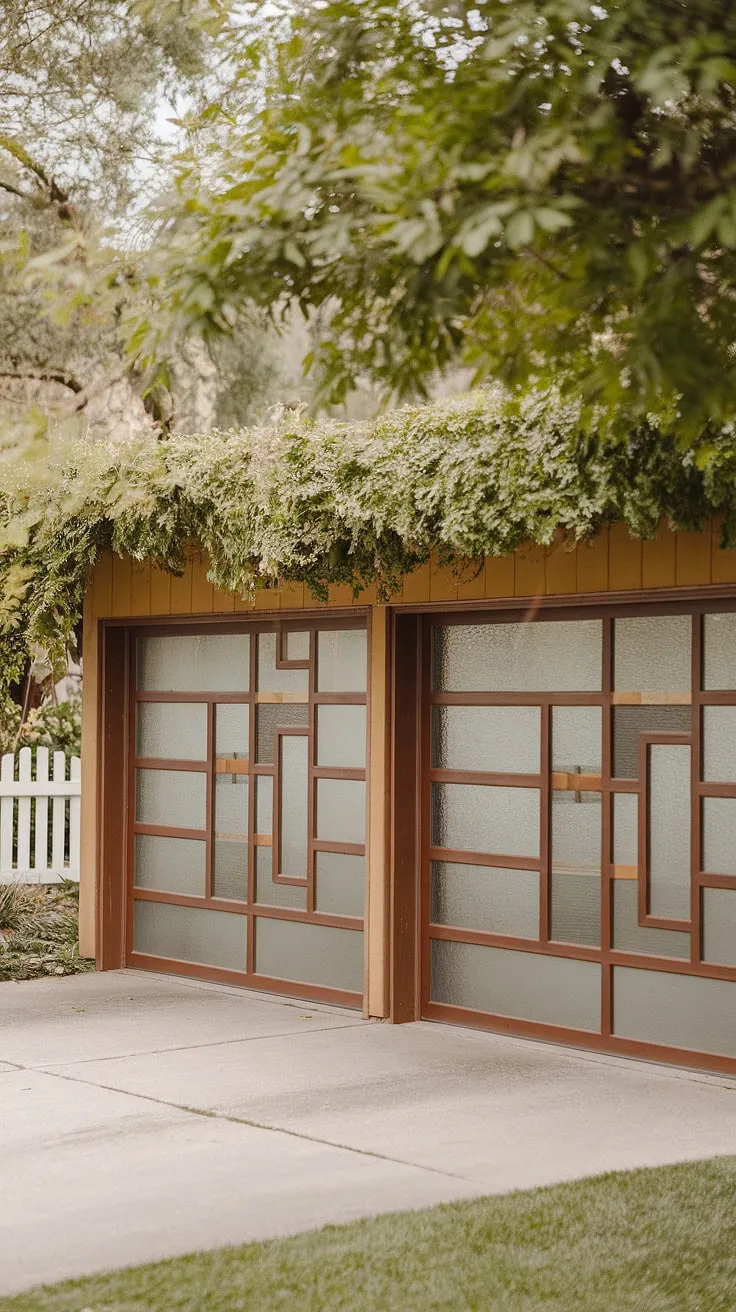 Mid-century modern meets tranquil suburban living. The unique, glass and wood panel garage doors are a stunning architectural detail, perfectly complementing the lush landscaping and charming picket fence. A true testament to timeless design.