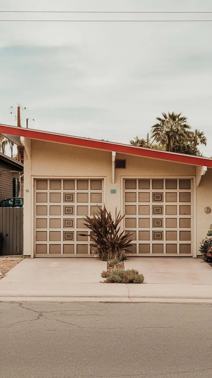 The subtle sophistication of this mid-century home is undeniable. Note the striking patterned garage doors-a testament to the era's appreciation for both functionality and artistic expression. The carefully chosen landscaping and the overall composition create a sense of calm and serenity, a true haven from the everyday bustle of the street beyond.