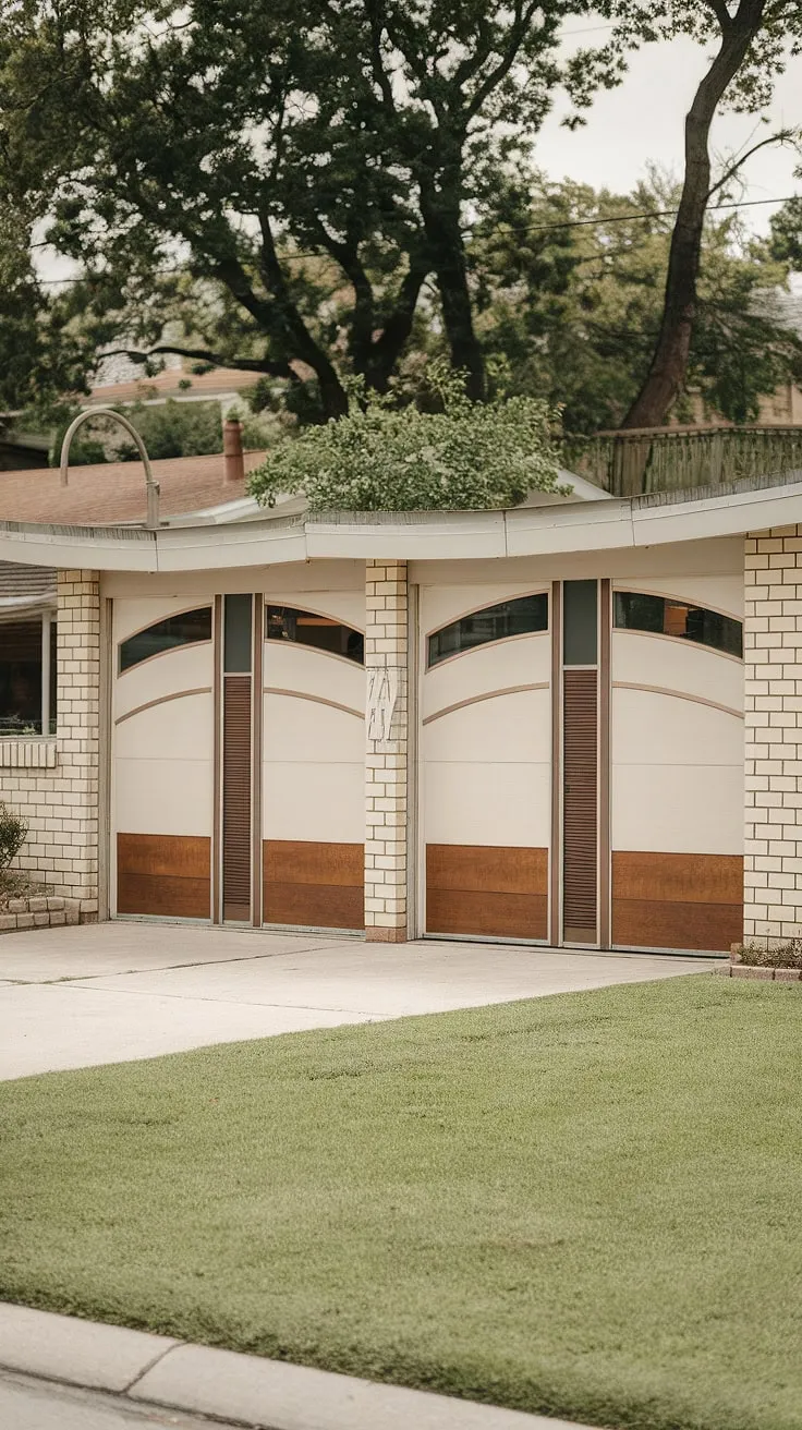 A picturesque scene unfolds: a mid-century modern home, its unique garage doors-with their elegant curves and wooden accents-a striking focal point. A well-maintained lawn and mature trees complete the idyllic setting, showcasing the enduring appeal of this architectural style. A perfect example of understated elegance.