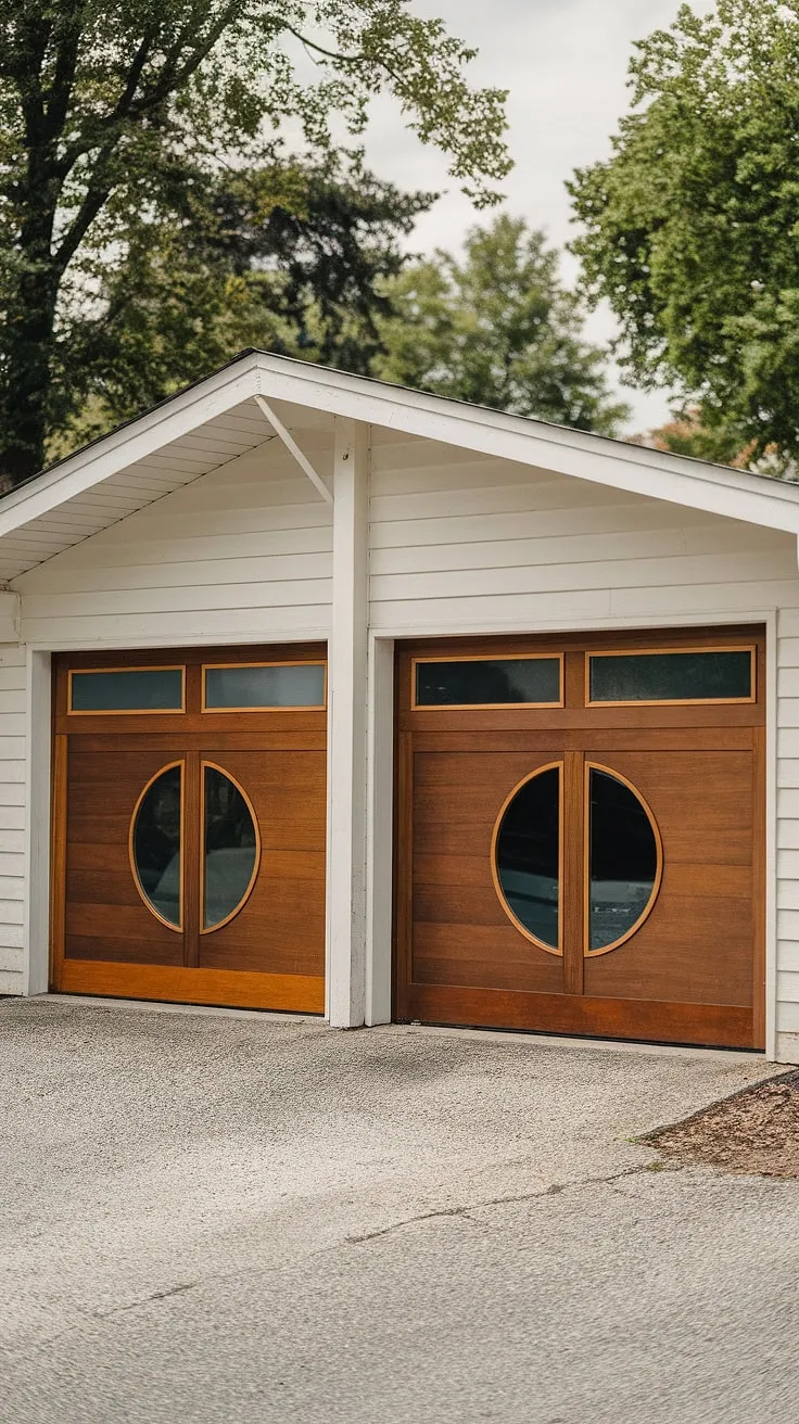 This architectural gem boasts a stunning mid-century modern garage, complete with distinctive wood doors and a captivating circular window. A picture of serene suburban living, perfectly framed by nature. A true find.