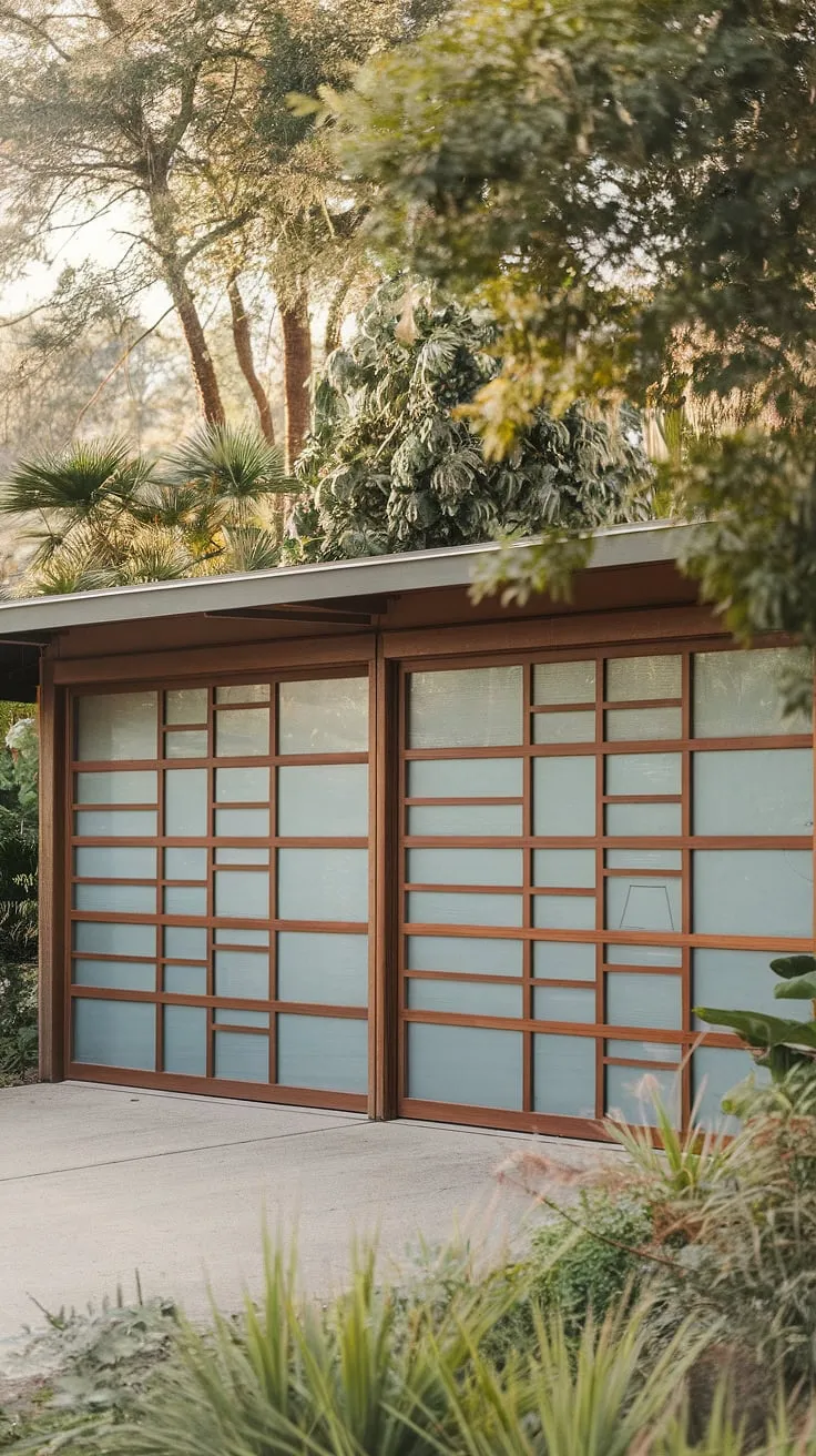 A testament to timeless design, this A-frame garage boasts stunning architectural details. The large glass garage doors, featuring a captivating pattern of horizontal wood slats and glass panels, invite the surrounding greenery inside, creating a serene and inviting A-list atmosphere.