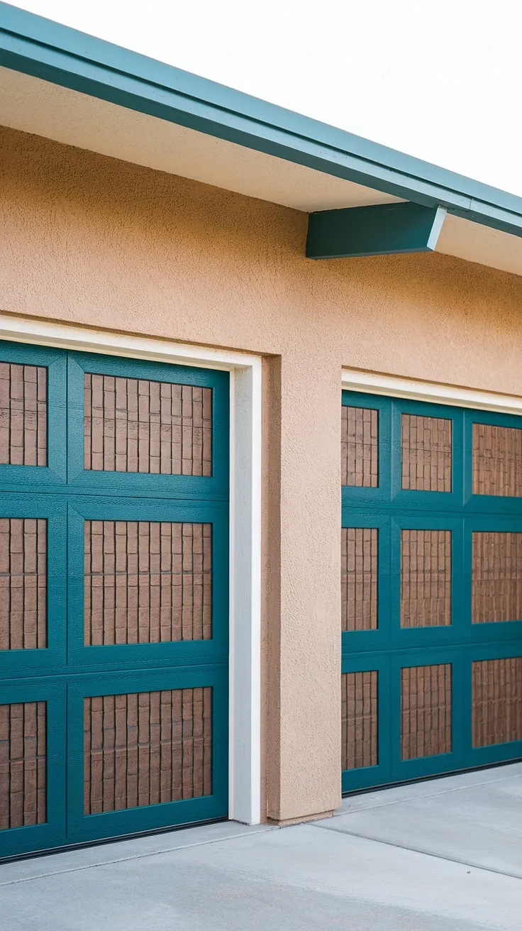 A serene oasis for your prized possessions. This detached garage, boasting a striking teal and white color scheme, showcases the enduring charm of mid-century modern design. The beautifully textured wood doors are a captivating detail, highlighting A sophisticated simplicity.