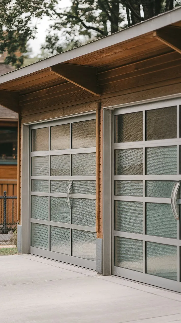 This mid-century modern garage, a testament to sleek design and functionality, boasts stunning glass and steel doors with a unique wave pattern. The interplay of textures and materials creates a captivating architectural statement, seamlessly blending with the warmth of the wood-clad home. A perfect example of how form and function can coexist in harmonious architectural beauty.