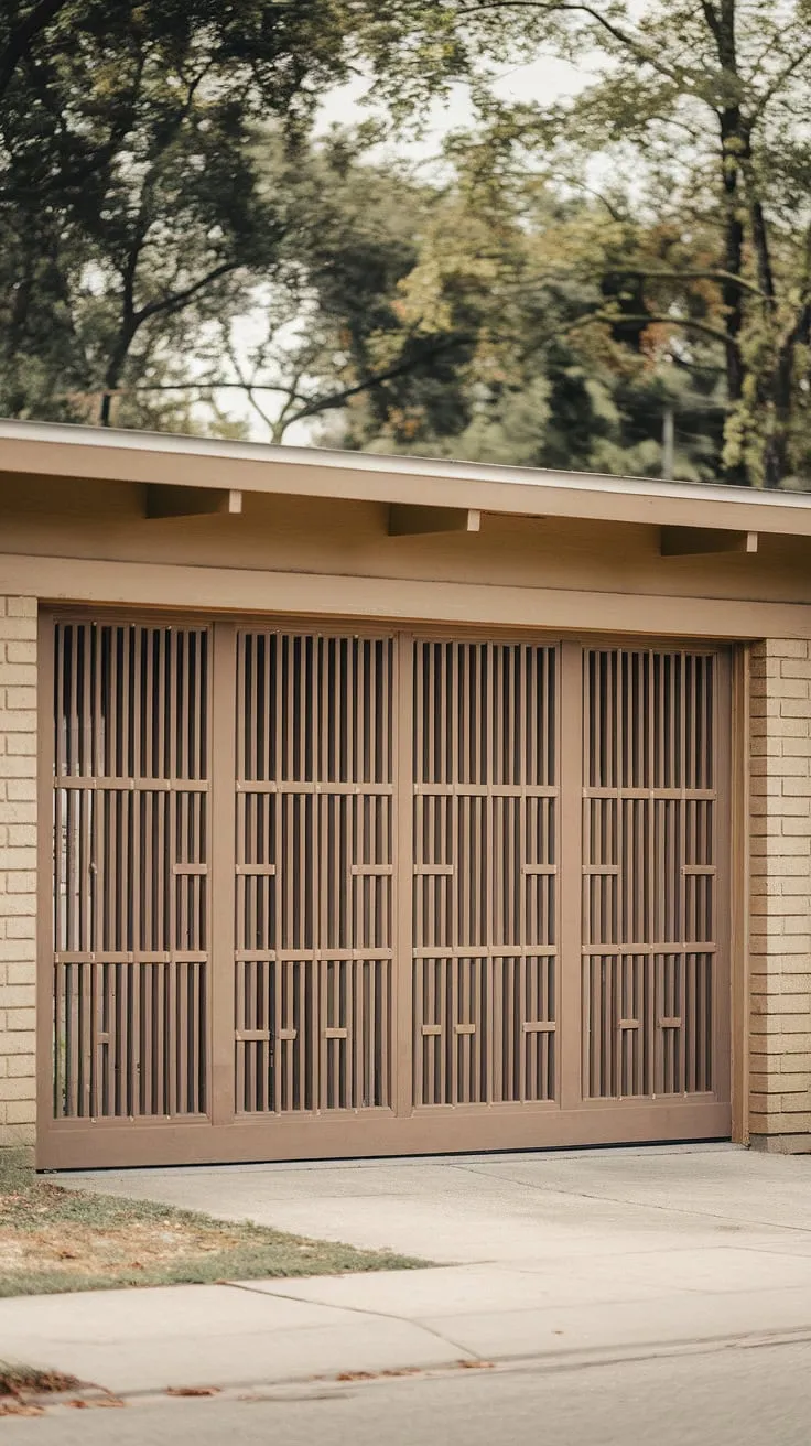 The subtle texture of the vertical wood slats on this mid-century modern garage door adds a touch of understated elegance to the home's classic design. A perfect blend of form and function, it's a testament to the enduring appeal of A timeless aesthetic.