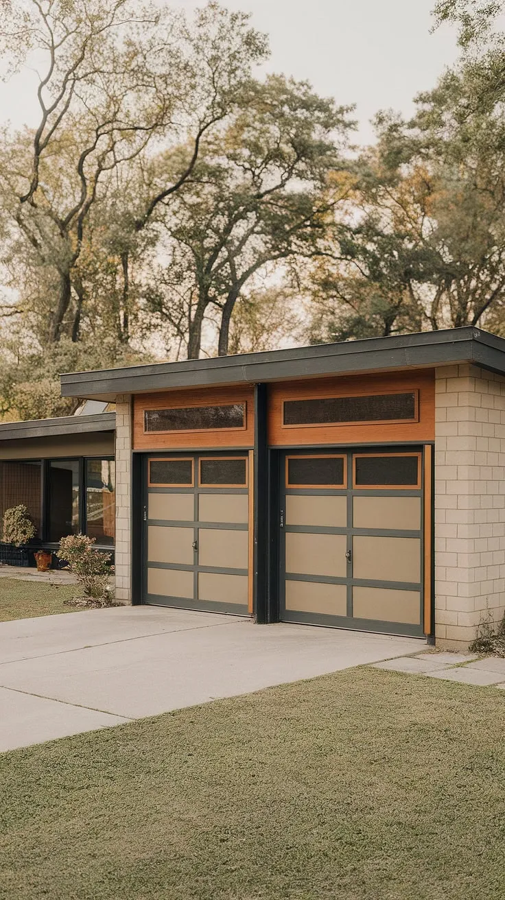 This mid-century modern gem boasts a unique garage design, showcasing the perfect blend of form and function. The warm wood accents against the crisp beige exterior create a timeless appeal, perfectly complemented by the lush landscaping. A testament to classic architecture, this home effortlessly blends style and practicality.