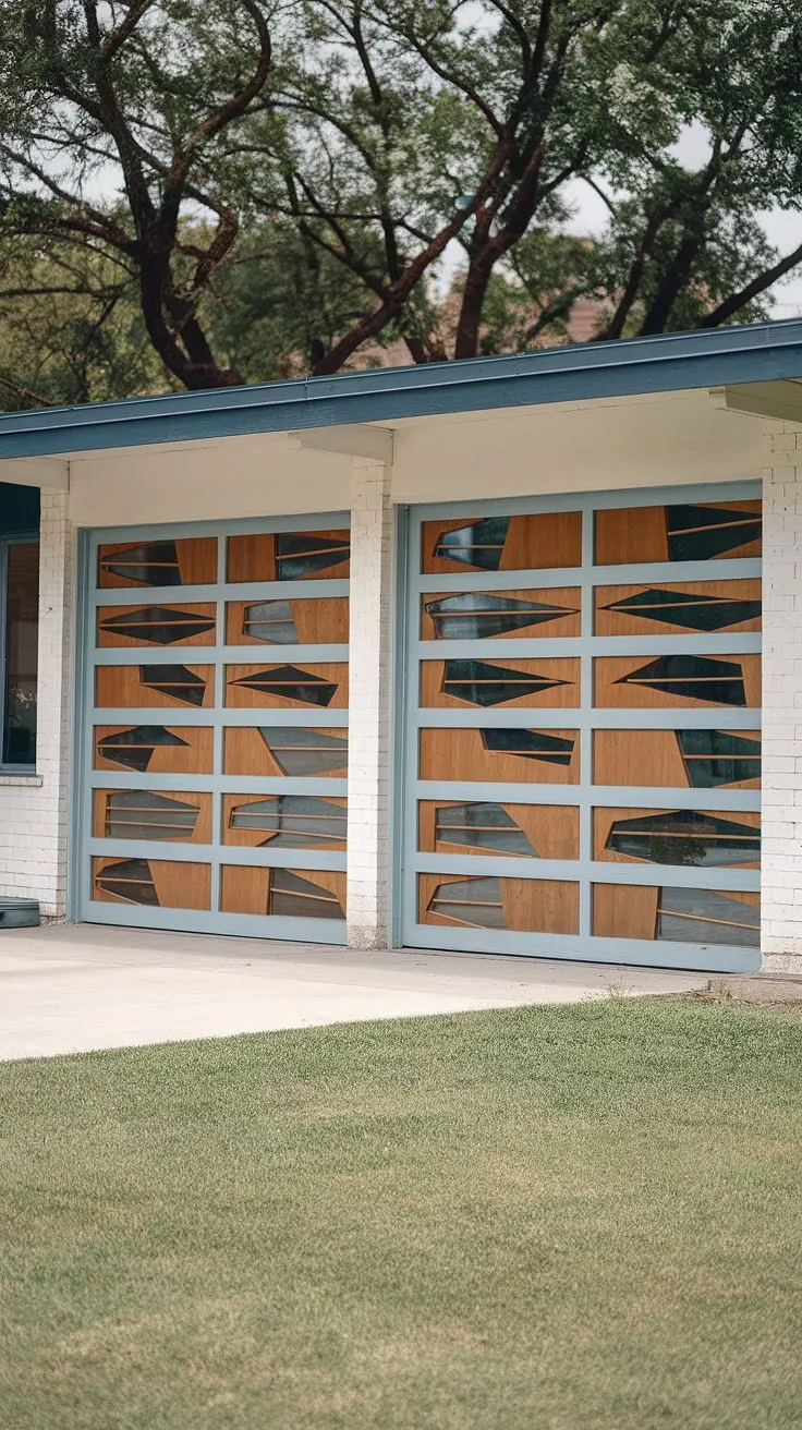 Mid-century modern meets contemporary cool. The light blue glass and wood garage doors, a striking feature of this home, perfectly complement the clean white facade and lush green lawn. A testament to timeless design and thoughtful craftsmanship, this house is a dream come true. A true architectural gem.