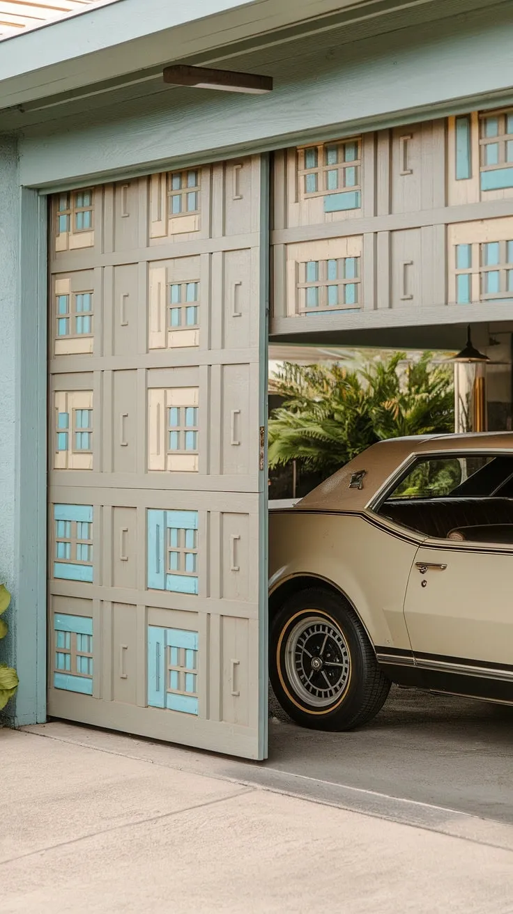 A glimpse into a curated past. The pastel hues of the garage door, a subtle yet striking design element, frame the perfectly preserved vintage car. A scene that whispers of leisurely drives and sophisticated style, a moment frozen in time. A picture of refined living.