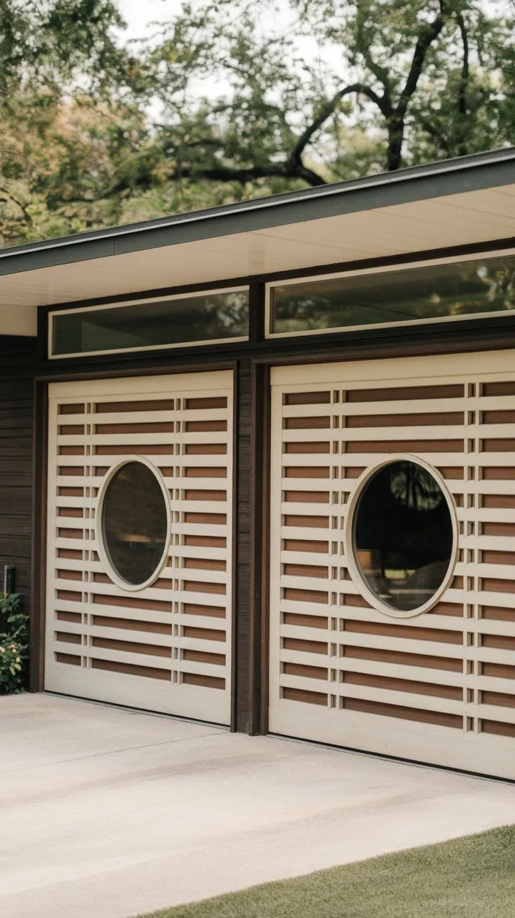 A picture-perfect blend of form and function. The striking white garage doors, featuring a captivating circular window and horizontal wood slats, perfectly complement the dark wood siding. A serene oasis where modern living meets nature's embrace. A home that inspires.