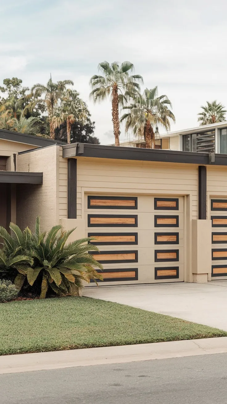 A stunning example of mid-century modern architecture, this beige beauty boasts a striking contrast with its black accents and the rich, textured wood of its garage doors. The surrounding landscape, complete with swaying palm trees, adds a touch of tropical elegance. A dream home realized.