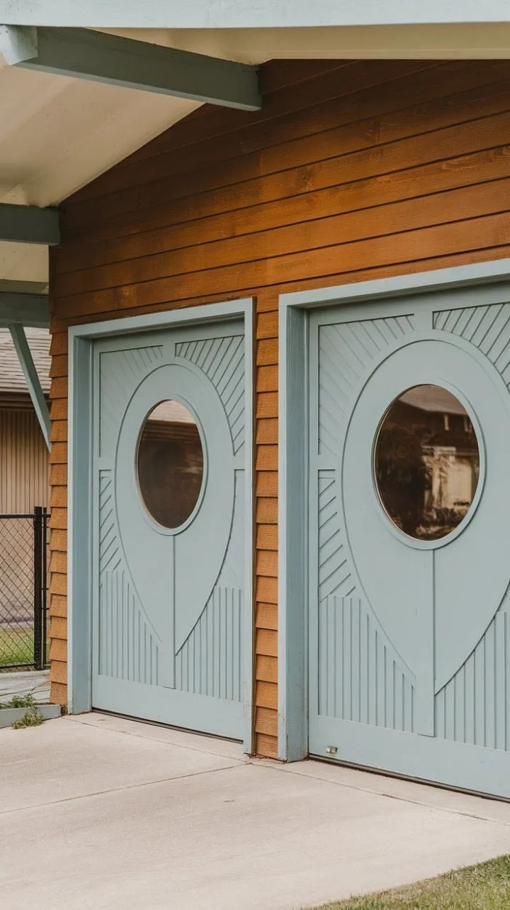 This stunning mid-century home, with its charming circular window in pastel blue garage doors, beautifully harmonizes with its serene landscape, epitomizing timeless design.
