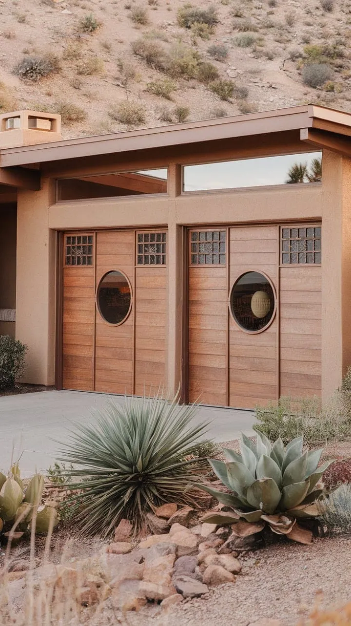 This architectural gem harmoniously blends desert modernism with mid-century charm, featuring warm wood accents and earthy stucco that beautifully integrate with the arid landscape.