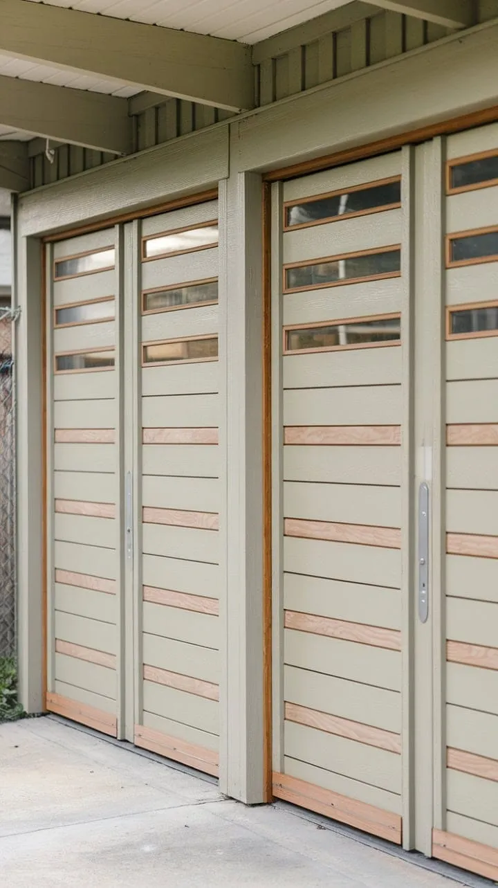 This garage embodies understated elegance with its creamy beige wood, clean lines, and a touch of mid-century charm, showcasing a timeless design that harmoniously merges form and function.