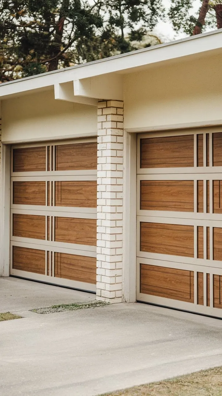 This mid-century modern home beautifully blends architectural elegance with understated charm, highlighted by its sleek garage doors that embody the era's design ethos.