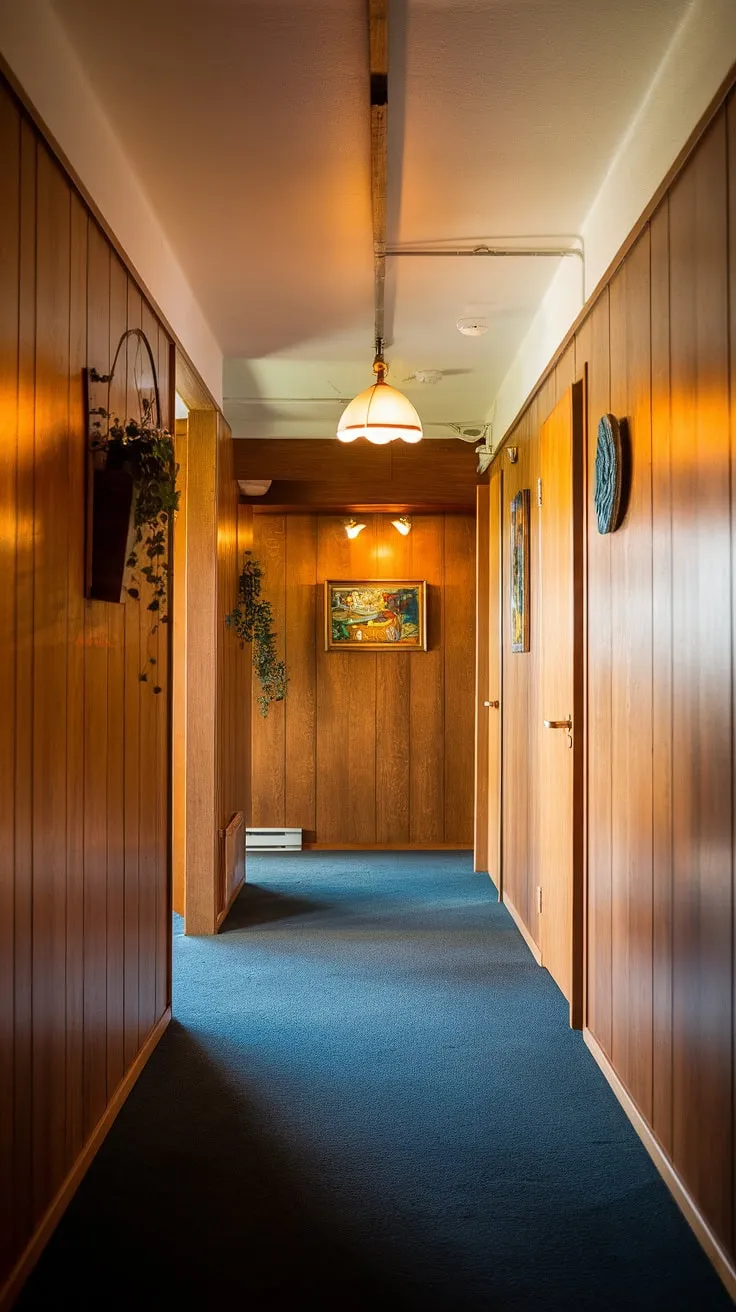 Stepping into this mid-century modern hallway is like stepping back in time. The warm glow of the pendant lamp illuminates the rich textures of the wood paneling and deep blue carpet, creating an atmosphere of sophisticated tranquility. A few carefully placed accents add personality to this beautifully preserved space, showcasing the enduring appeal of classic design.