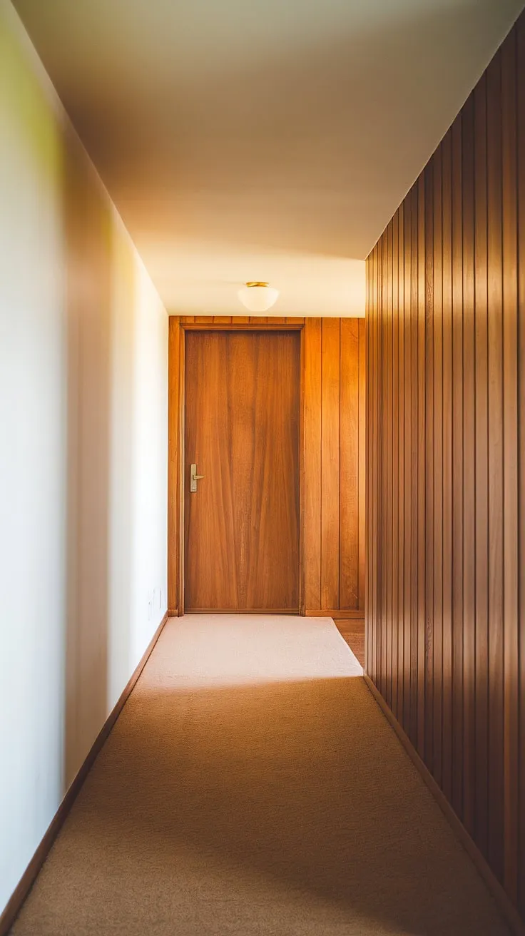 A study in understated elegance: this mid-century hallway, with its warm lighting and harmonious blend of textures – white walls, wood panelling, and beige carpet – exudes a calm sophistication. The simple wooden door at the end hints at A. the quiet beauty within.