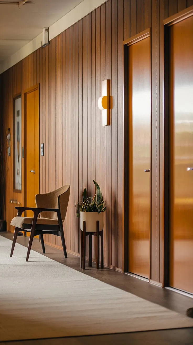 Warm light spills across the richly textured wood paneling of this mid-century modern hallway, a testament to timeless design. The carefully chosen furniture and plant stand add a touch of understated elegance, creating a space that feels both welcoming and sophisticated. A perfect blend of form and function.
