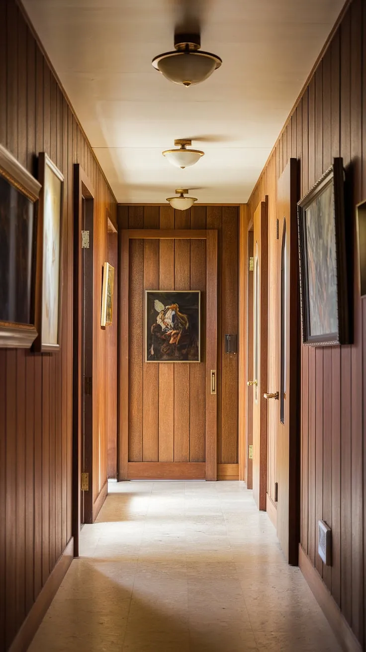 Stepping back in time, this mid-century modern hallway exudes warmth and sophistication. The rich wood paneling, brass accents, and subtle artwork create an inviting atmosphere, a testament to timeless design. A perfect blend of classic and contemporary, it's a space where history and comfort meet.