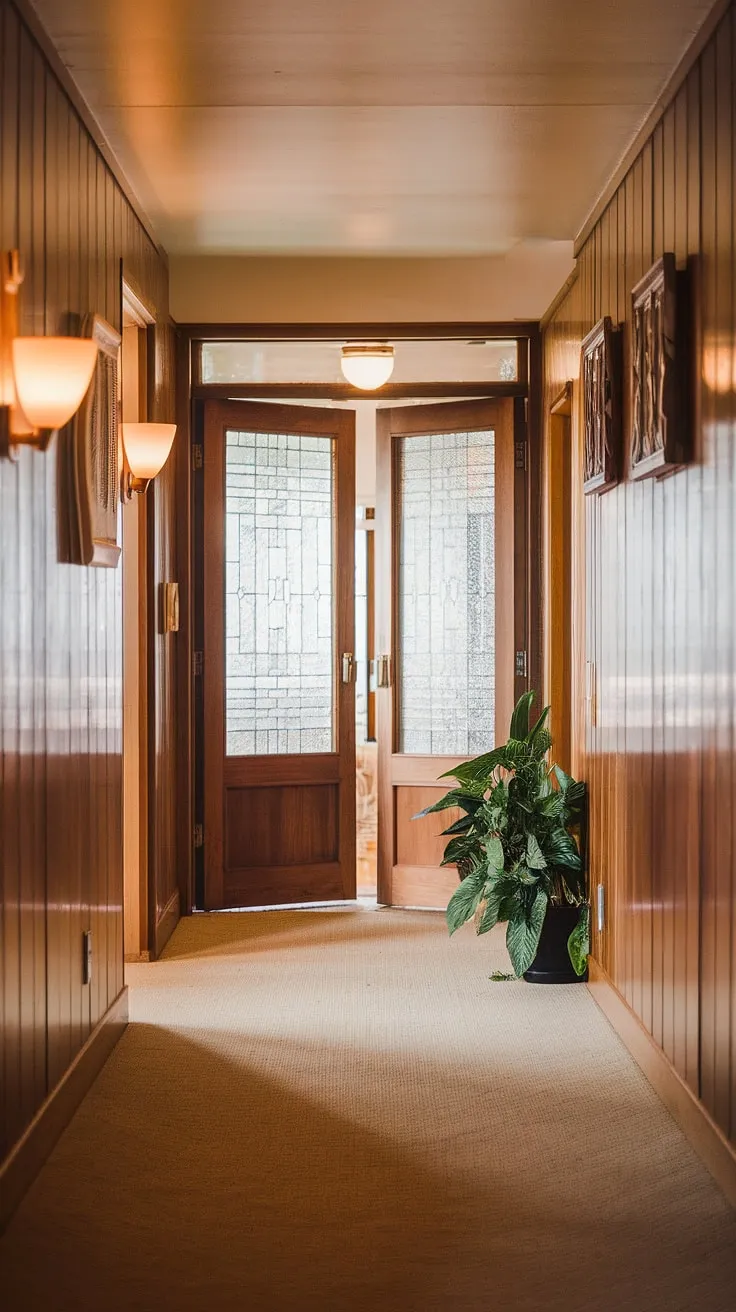 The gentle light filtering through the glass-paneled doors at the end of this hallway illuminates the rich textures of the wood paneling. A serene and inviting space, it's a study in understated sophistication. A quiet sanctuary, perfect for contemplation, it showcases the beauty of mid-century design. A space where time seems to slow down.