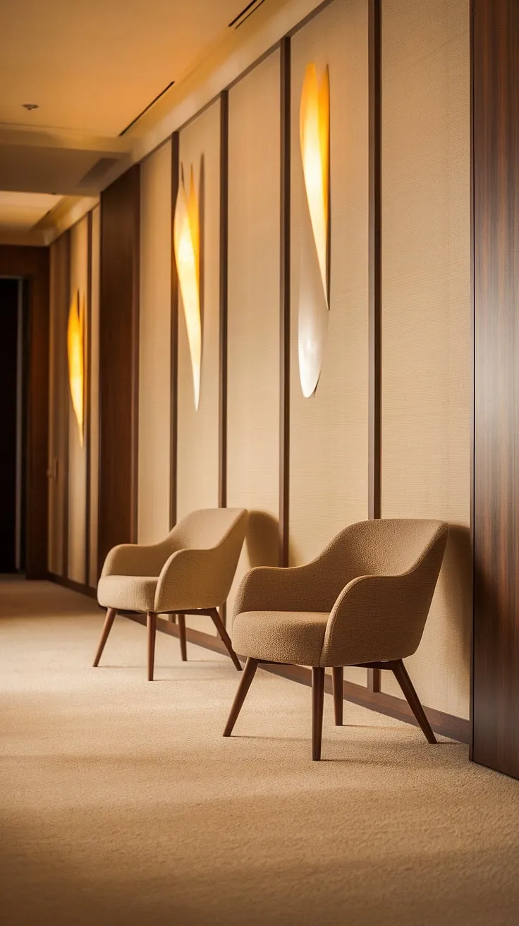 Stepping into a time capsule of calm. The muted beige tones and mid-century modern furniture create a serene atmosphere, a perfect sanctuary for quiet contemplation. The warm lighting enhances the feeling of understated elegance, a space where memories are made and cherished.