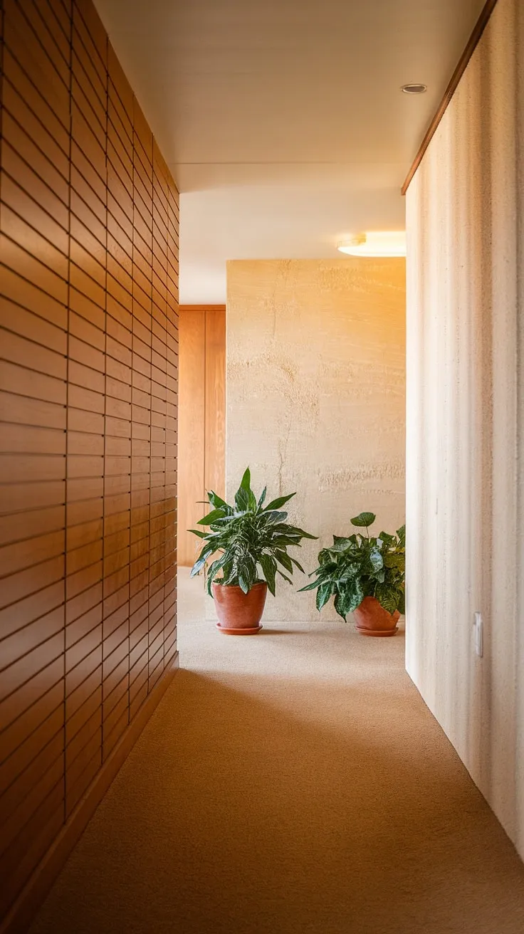 Warm light spills across the textured beige walls and rich wood paneling of this mid-century modern hallway, creating a tranquil atmosphere. The subtle contrast between materials, accented by the lush greenery of the potted plants, evokes a sense of calm and understated elegance. A perfect blend of textures and tones.