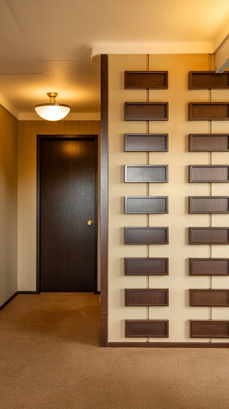 Warm light spills across the textured wood paneling of this mid-century modern hallway, the beige carpet a soft contrast to the rich brown of the door. A sense of quiet elegance pervades the space.