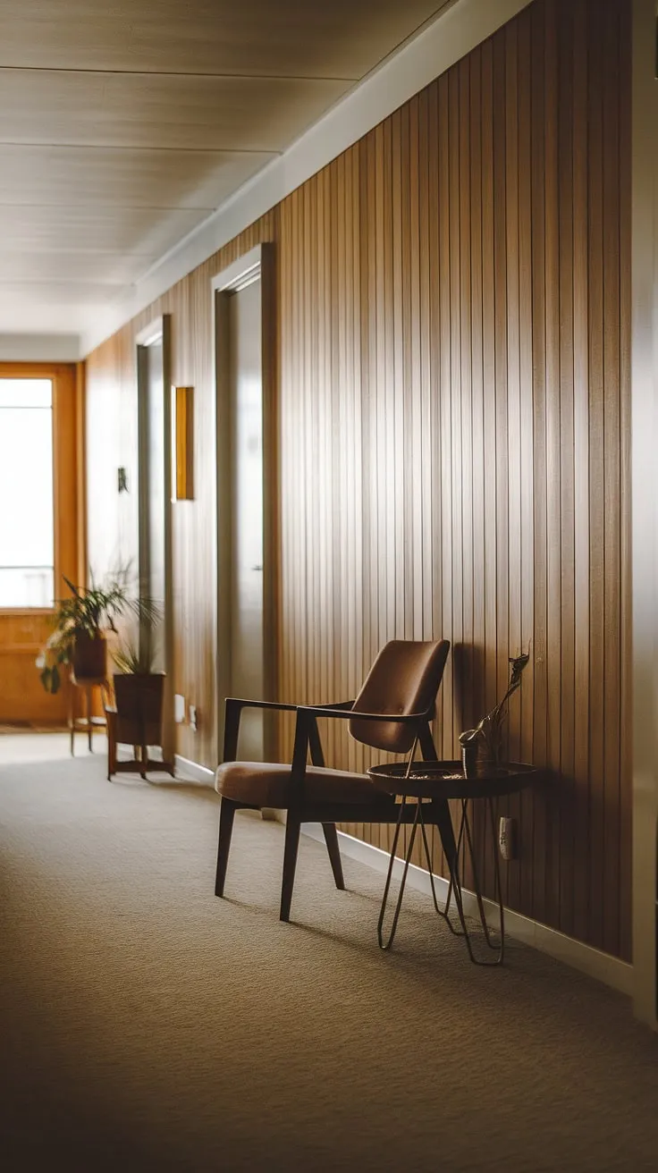 Stepping into this mid-century modern hallway is like stepping back in time. The wood paneling whispers stories of bygone eras, while the soft carpet and carefully chosen furniture create a sense of calm and understated sophistication. A quiet sanctuary, bathed in the gentle light of day.