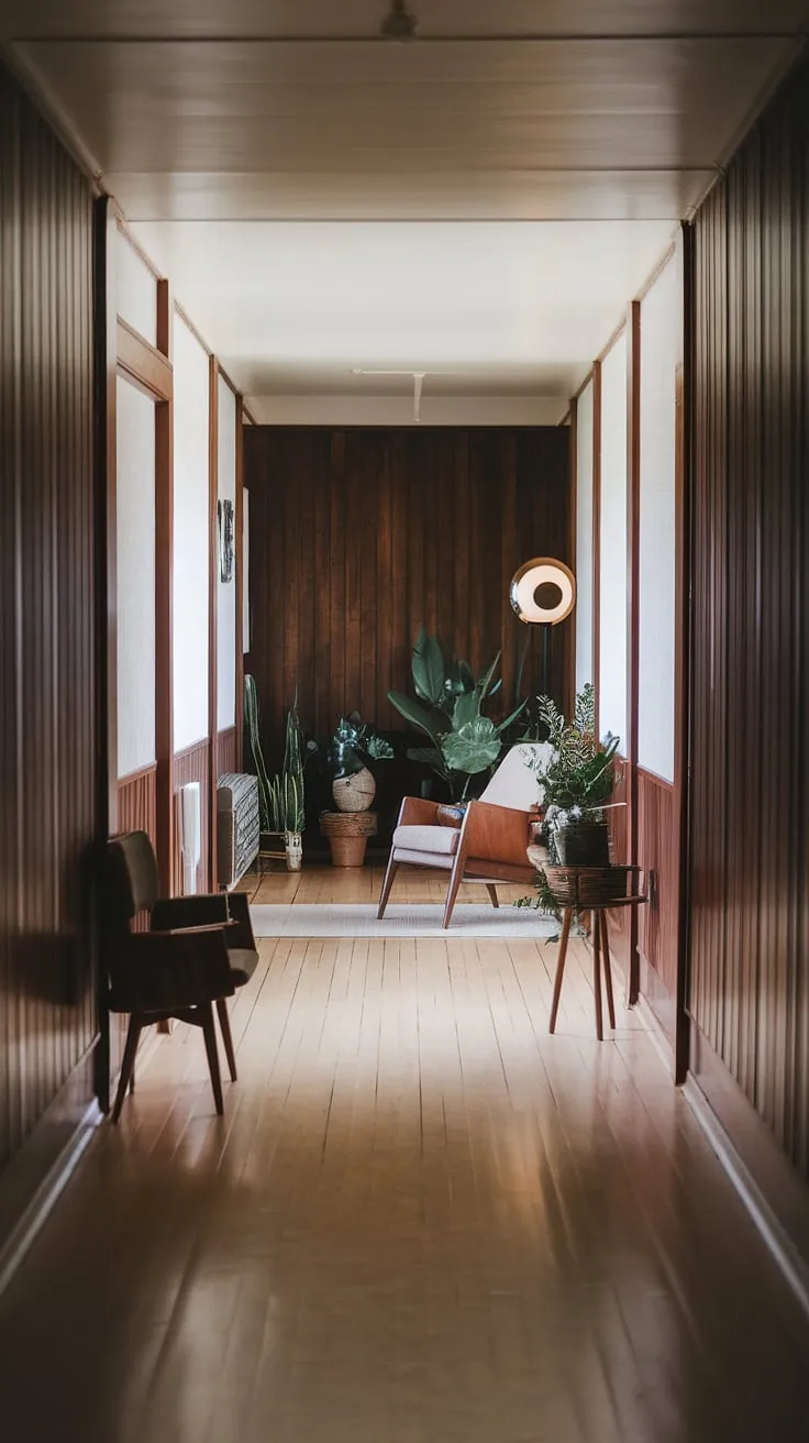 The warm glow of the setting sun paints the hallway in a dreamy light, highlighting the exquisite dark wood paneling. A simple yet elegant space, this hallway is a testament to the enduring appeal of mid-century modern design. A quiet retreat, a peaceful passage-this is where home truly feels like home.