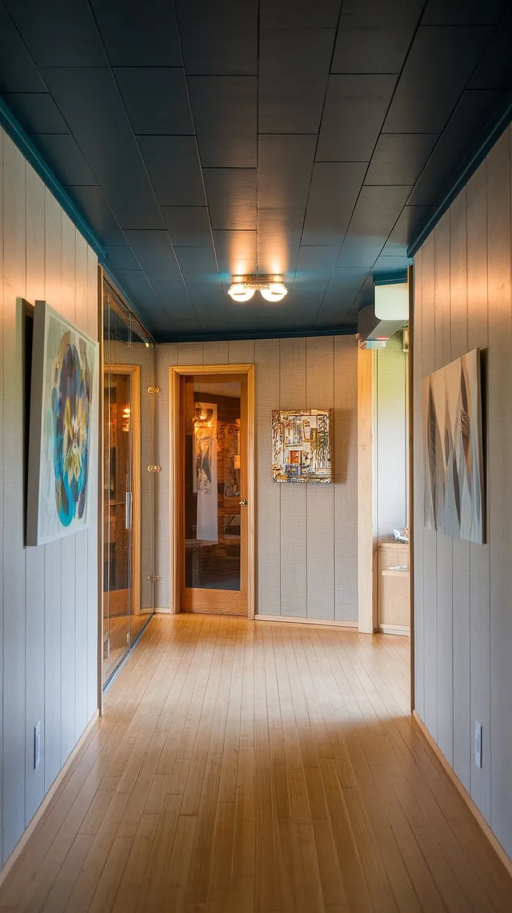 Stepping into a mid-century modern dream. The rich dark blue ceiling contrasts beautifully with the light wood paneling and flooring, creating a sophisticated and inviting atmosphere. A perfect blend of form and function, this hallway showcases the era's elegant simplicity. A timeless design that effortlessly blends old-world charm with modern aesthetics.