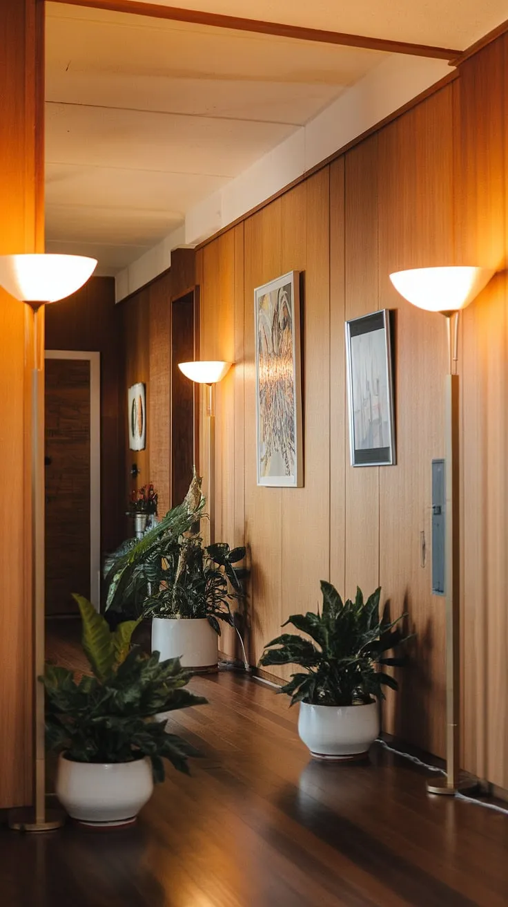 Stepping into this mid-century modern hallway feels like stepping back in time, yet the space feels utterly contemporary. The dark wood floor, warm lighting, and carefully chosen artwork create a sophisticated ambiance. A few strategically placed plants add a touch of nature, softening the lines of the wood paneling. A quiet elegance reigns, a testament to the power of simple, well-considered design.