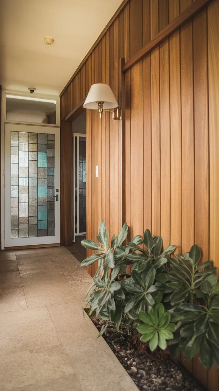 Stepping back in time, this mid-century modern hallway, with its warm wood paneling and a touch of greenery, whispers tales of a bygone era. The soft glow of the wall lamp illuminates the path ahead, promising a glimpse into the stylish spaces beyond. A perfect blend of classic design and tranquil ambiance.