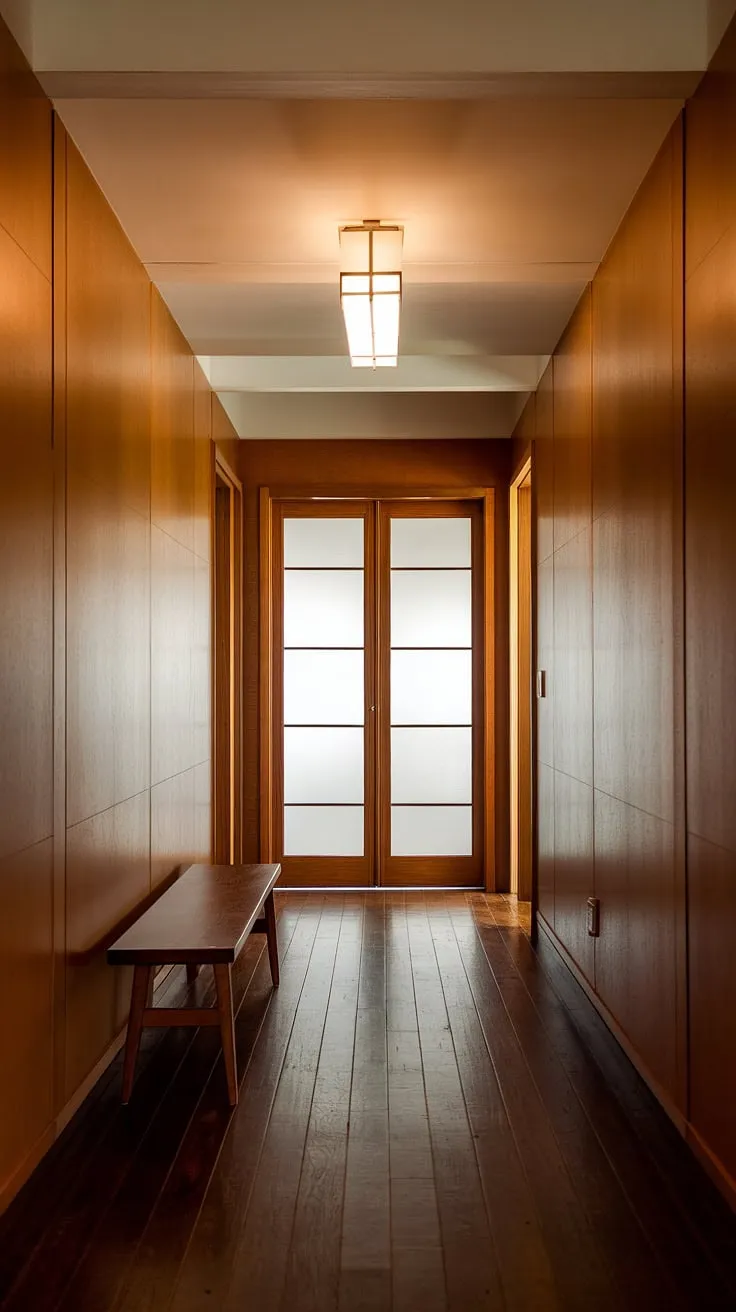 The gentle light from the rectangular fixture illuminates the rich honey tones of the wood paneling, creating a warm and inviting atmosphere. A simple wooden bench offers a moment's rest before continuing down this hallway, a passageway to another era, a space where mid-century modern design meets tranquil serenity. A timeless aesthetic.