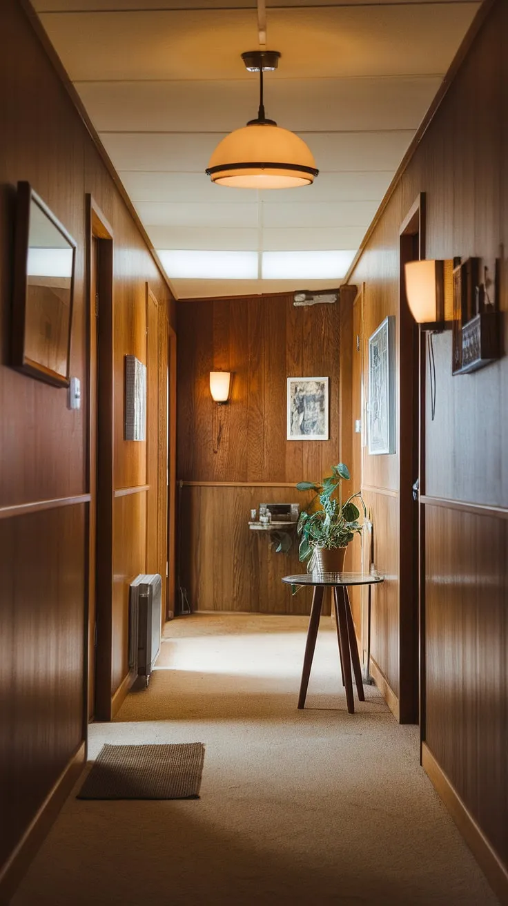 This mid-century modern hallway is a study in understated elegance. The rich wood paneling and plush beige carpet create a welcoming ambiance, while the carefully chosen artwork and lighting fixtures add personality and warmth. A small table with a plant provides a touch of nature, completing the serene and inviting atmosphere. A perfect example of how thoughtful design can transform a simple hallway into a captivating space.