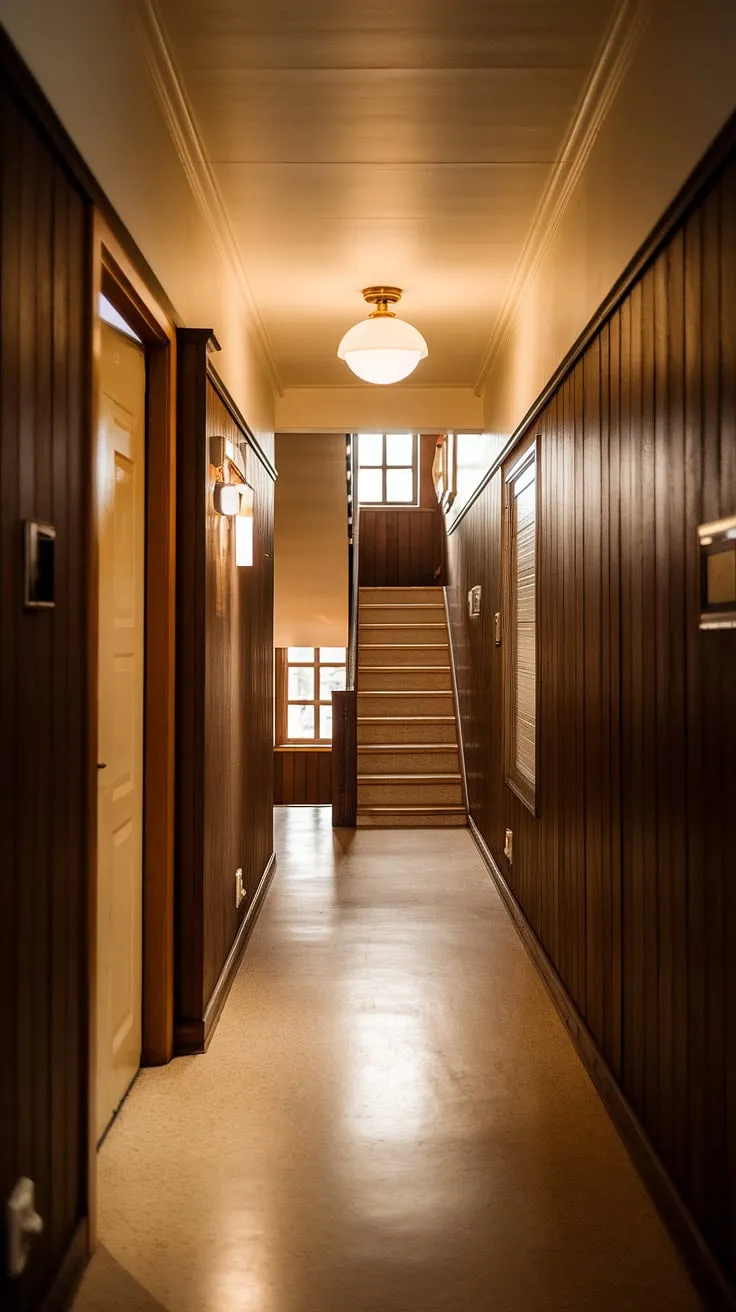 This hallway, with its dark brown wood paneling and beige floor, is a captivating glimpse into mid-century modern living. The gentle light enhances the rich textures, creating a warm and inviting atmosphere. Two doors on the left lead to untold stories, while the staircase at the end beckons further exploration. A truly timeless and elegant space.