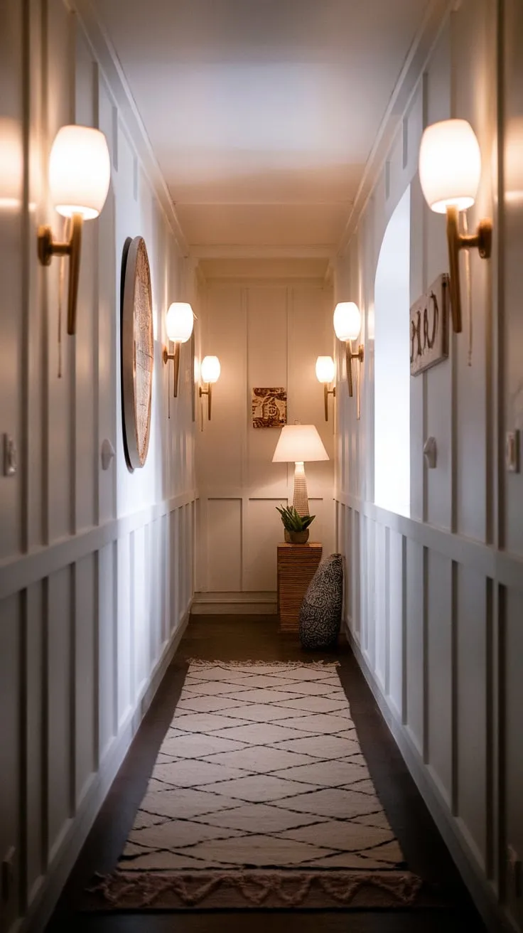 A study in understated sophistication. This hallway's subtle details-the delicate wall lamps, the rich dark floor contrasting with the light walls, and the carefully chosen rug-speak volumes about refined taste. A space where tranquility meets style.
