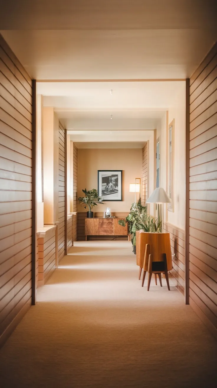 Stepping into a mid-century dream. The soft lighting, warm hues, and subtle wood paneling create a tranquil atmosphere, perfectly complemented by the understated elegance of the furniture and a touch of greenery. A timeless hallway, a peaceful escape.
