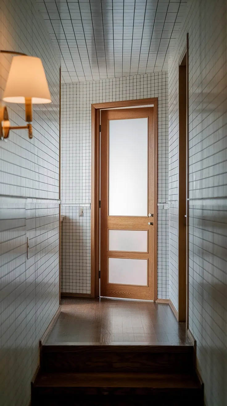 Soft light spills across the white-paneled walls, illuminating the path to a mysterious frosted glass door; a mid-century modern dream, perfectly captured. The dark wood floor and simple lamp add to the serene atmosphere. A timeless elegance pervades this hallway, a testament to understated design.