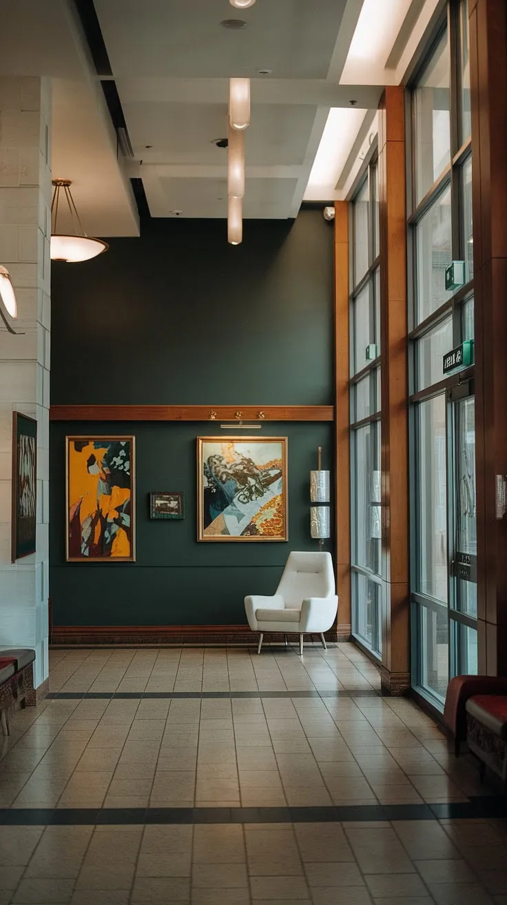This hallway's dark green walls and high ceilings whisper tales of a bygone era of sophisticated design. The carefully curated artwork and minimalist white chair add a touch of understated luxury, creating a space that is both inviting and undeniably chic.