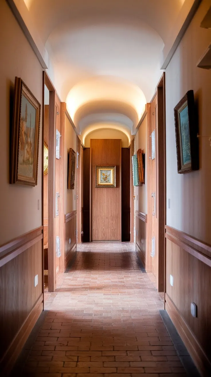 A hushed hallway, bathed in the soft light of a forgotten afternoon. Rich walnut wood, terracotta tiles, and carefully chosen artwork combine to create a space that feels both familiar and utterly enchanting. This is more than just a hallway; it's a portal to a dreamlike mid-century existence.