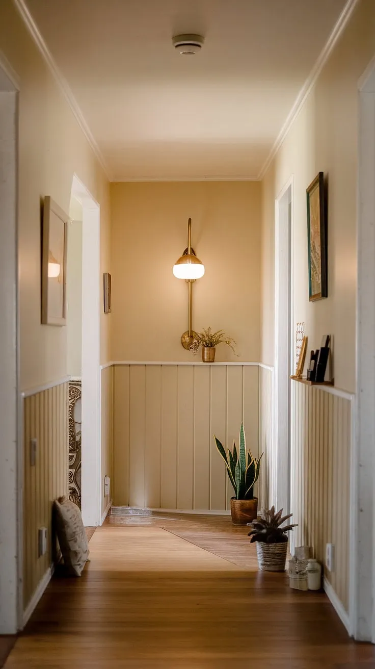 This hallway is a testament to the enduring elegance of mid-century modern design. The soft beige palette, complemented by rich wood flooring and thoughtful details like the paneling and vintage lamp, creates a space that's both stylish and inviting. A true sanctuary of calm.