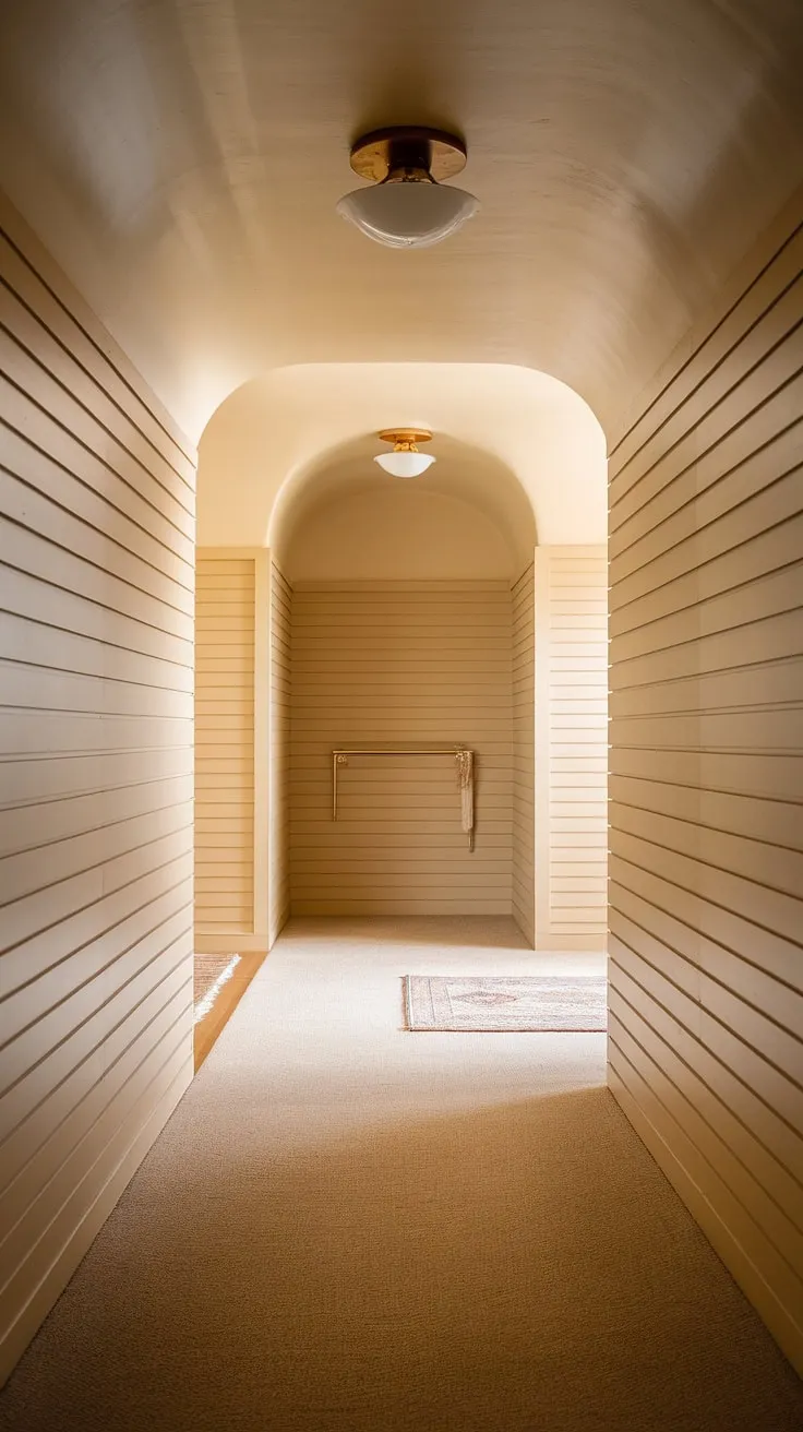 This hallway whispers of a bygone era, yet feels utterly contemporary. The subtle textures, soft lighting, and carefully chosen rug create a space that's both stylish and incredibly welcoming. A timeless elegance permeates every detail.