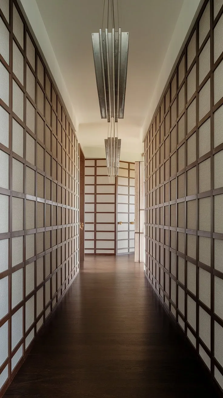 A serene and stylish hallway, bathed in the soft glow of its suspended lights. The rich brown floor and subtly textured walls, with their gridded wood paneling, create a sophisticated atmosphere. A space where minimalist design meets enduring quality, showcasing the beauty of simple, well-executed details.