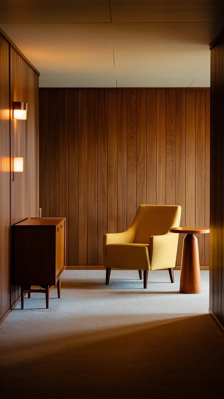 A burst of sunshine yellow in a hallway hushed with the quiet elegance of mid-century modern. The wooden cabinet and round table, nestled against the paneled walls, whisper stories of a bygone era. A moment of calm amidst the everyday.