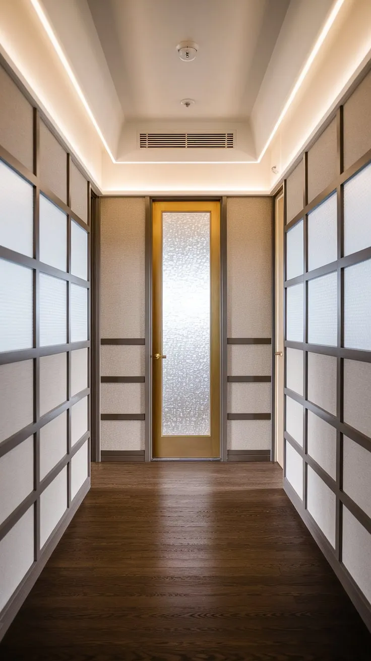 Step into a world of mid-century modern elegance, where subtle textures and warm lighting create an atmosphere of understated luxury. The rich wood floors and creamy walls, accented by the frosted glass doors, whisper a story of timeless design. A quiet sanctuary awaits.